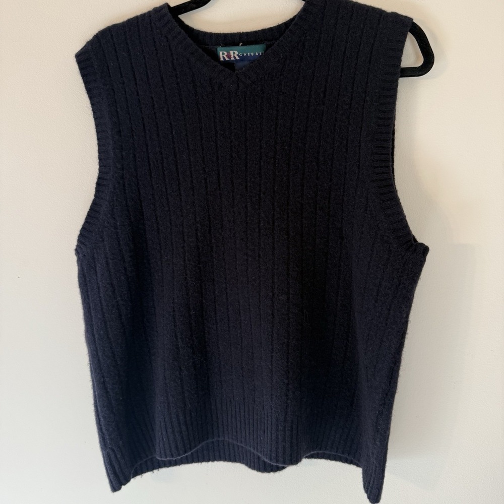 Men's Large Black V-Neck Sweater Vest 100% Lambswool Sleeveless Grandpacore - Picture 1 of 9